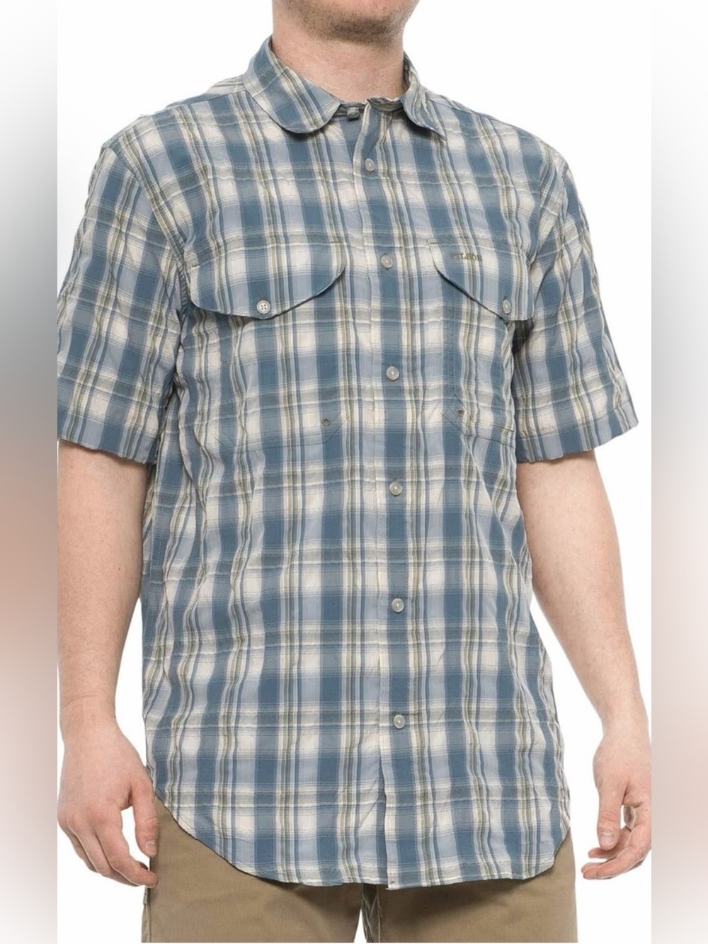 Filson Twin Lakes Sport Shirt, Short Sleeve, Blue / White / Gray, Men’s Medium